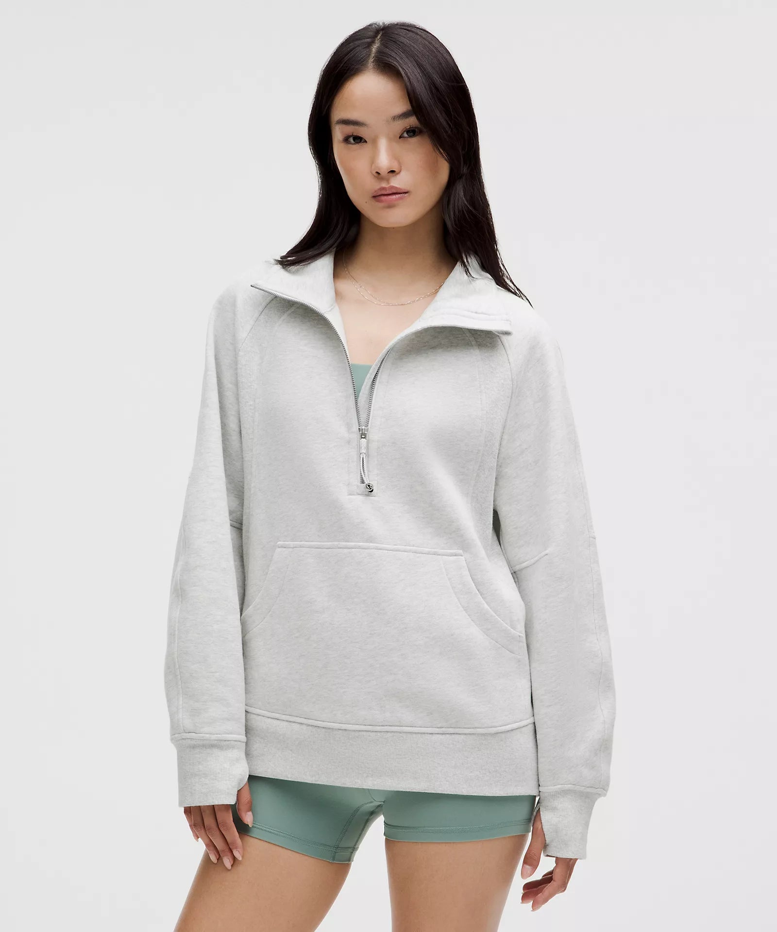 Women's Transitional Attire Scuba Oversized Funnel Neck Half Zip Long | Heathered Core Ultra Light Grey