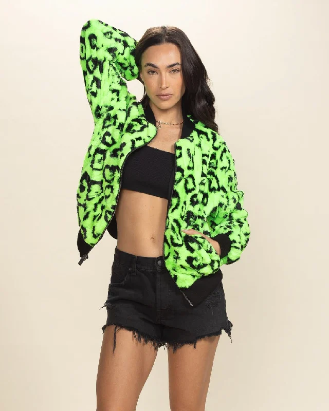 Women's Clothes And Apparel Sets Women's Colorful Faux Fur Jacket | Neon Green Leopard
