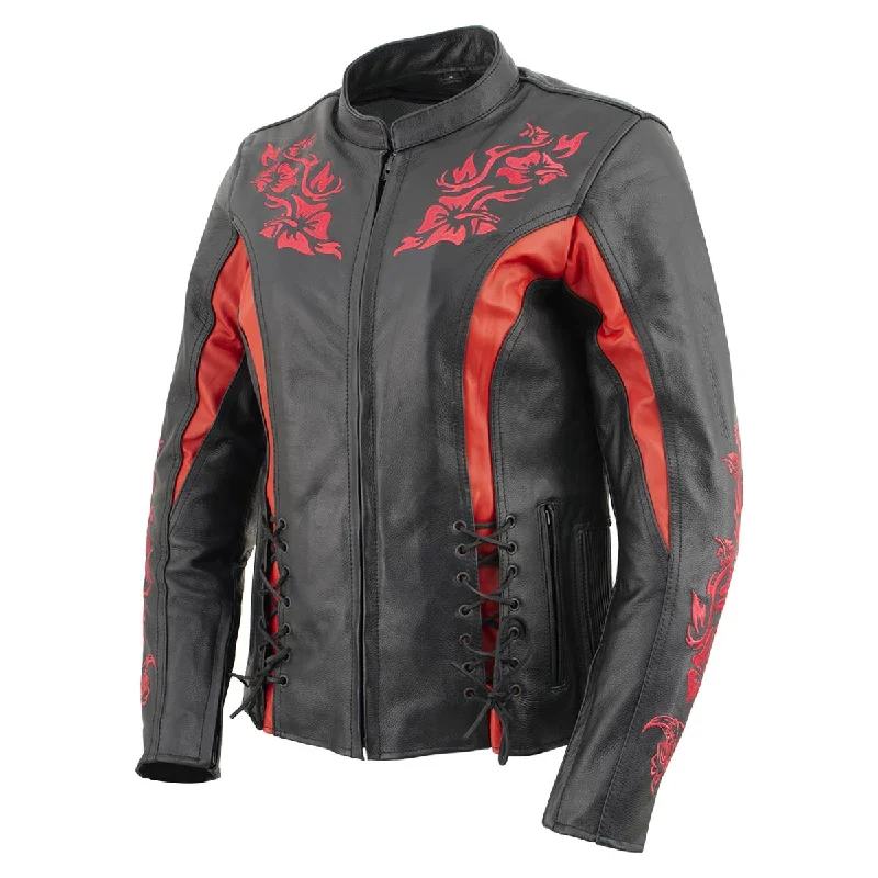 Chic Women's Clothing for Work and Travel Xelement XS2029 Women's 'Gemma' Biker Black with Red Leather Embroidered Jacket with X-Armor Chic Women's Clothing for Work and Travel Xelement XS2029 Women's 'Gemma' Biker Black with Red Leather Embroidered Jacket with X-Armor