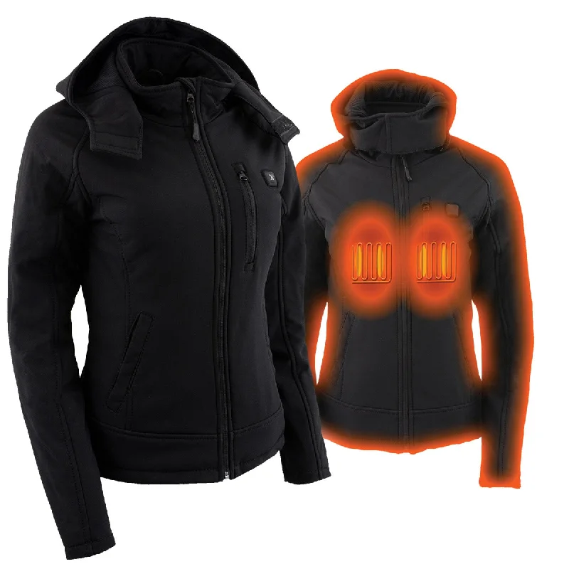 Shop Ladies Clothes Nexgen Heat MPL2767SET Women's Black 'Heated' Soft Shell Jacket with Detachable Hood for Riding , Hiking w/ Battery Shop Ladies Clothes Nexgen Heat MPL2767SET Women's Black 'Heated' Soft Shell Jacket with Detachable Hood for Riding , Hiking w/ Battery