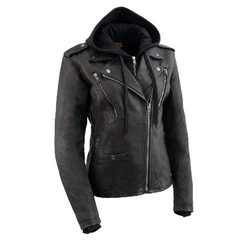 Workwear Fashion for Women Milwaukee Leather MLL2575 Women's Black Leather Vented Motorcycle Jacket w/ Removable Hoodie Workwear Fashion for Women Milwaukee Leather MLL2575 Women's Black Leather Vented Motorcycle Jacket w/ Removable Hoodie