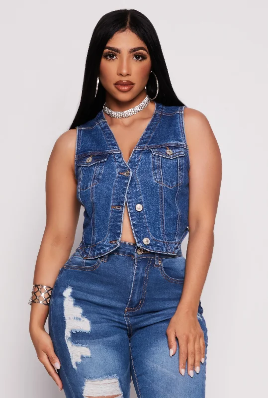 Sale On Sale WAX Denim Button Front Cropped Vest