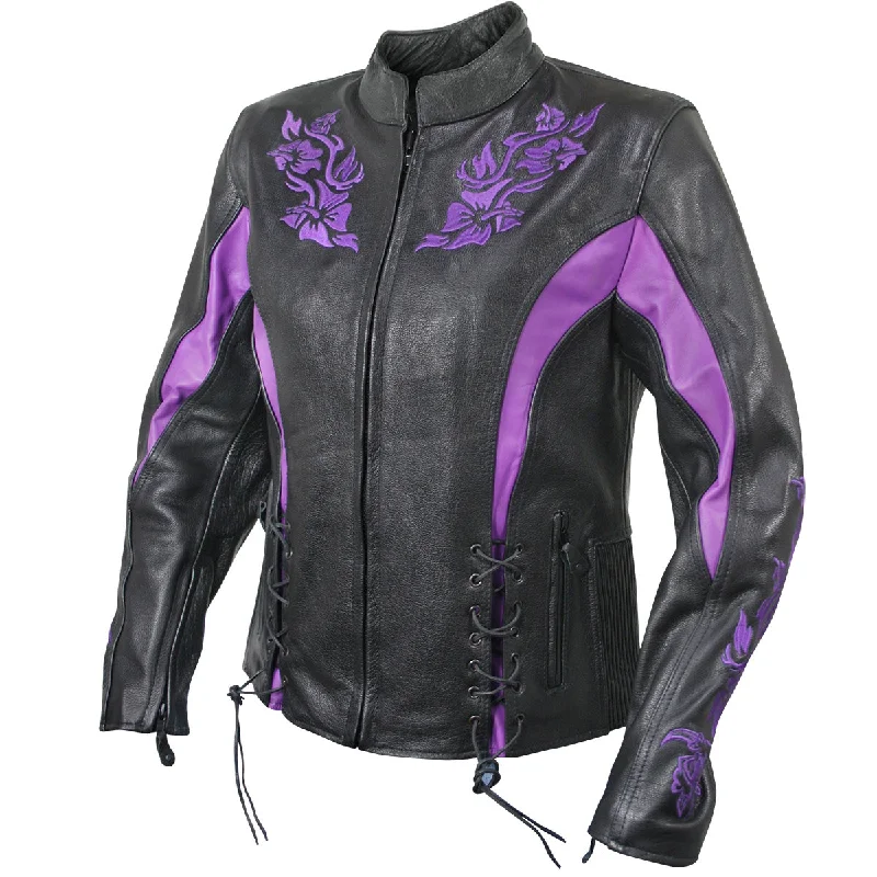 Trendy Women's Apparel for All Seasons Xelement XS2027 Women's 'Gemma' Biker Black and Purple Leather Embroidered Jacket with X-Armor Protection Trendy Women's Apparel for All Seasons Xelement XS2027 Women's 'Gemma' Biker Black and Purple Leather Embroidered Jacket with X-Armor Protection