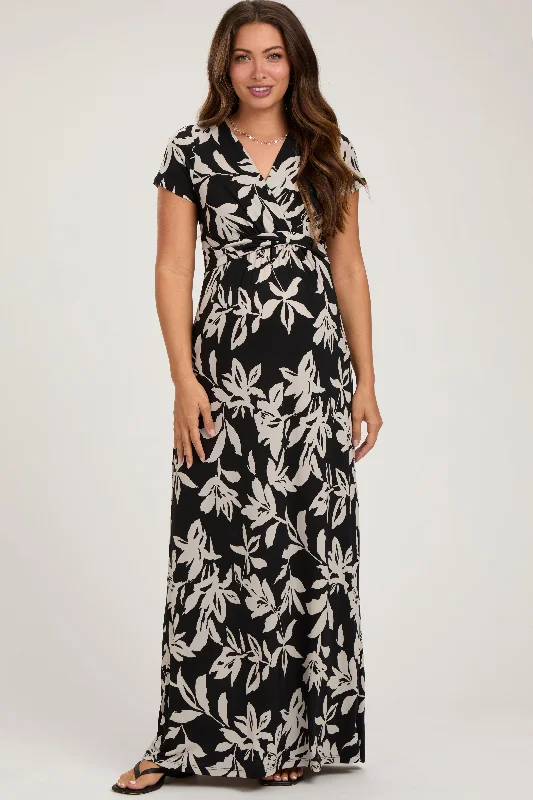 Clothes For Women Black Floral V-Neck Maternity Maxi Dress
