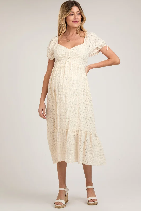 Women's Holiday Clothing Ivory Textured Plaid Puff Short Sleeve Maternity Midi Dress